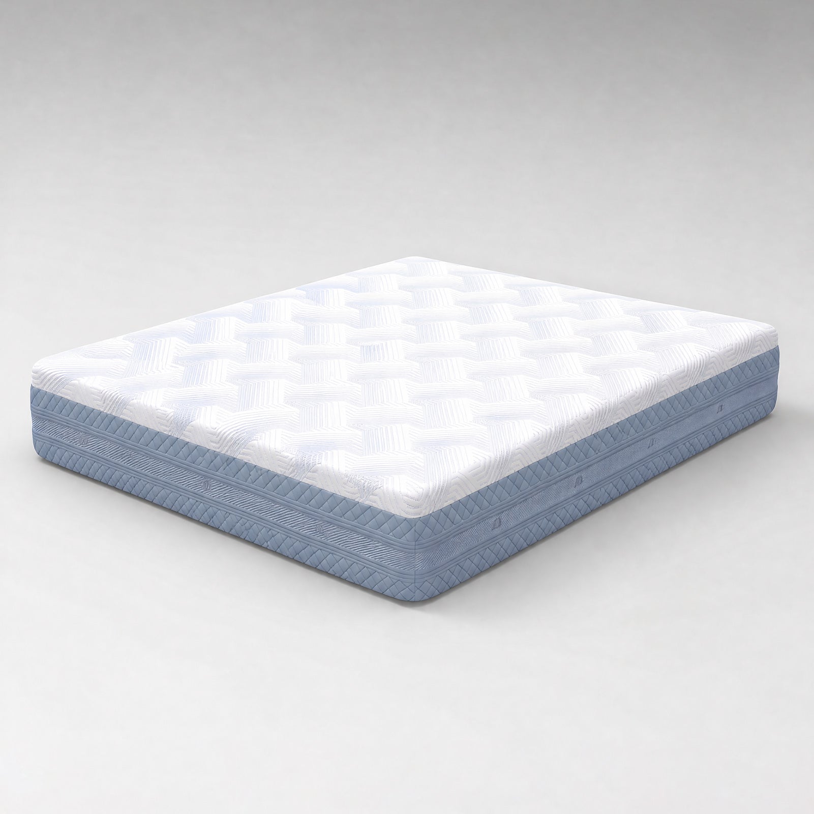 A mattress with a white quilted top and a light blue side border, shown at an angle on a neutral gray background.