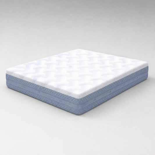 A mattress with a white quilted top and a light blue side border, shown at an angle on a neutral gray background.