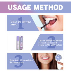 Instructions for using a dental product with images of a person brushing teeth and applying liquid.