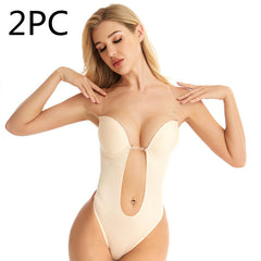 Woman wearing a beige bodysuit with '2PC' text on a white background