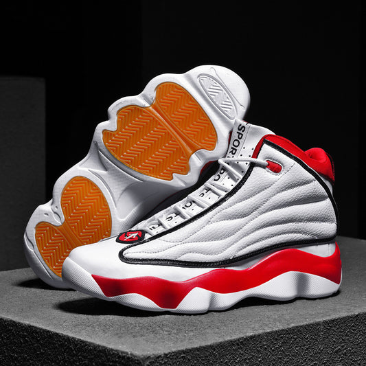 White sneakers with red and orange accents on a dark background