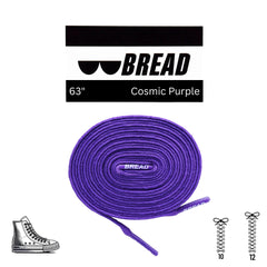 Purple shoelaces with 'BREAD' branding on a white background