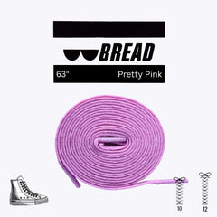 Pink shoelace with 'BREAD' branding and product details on a white background
