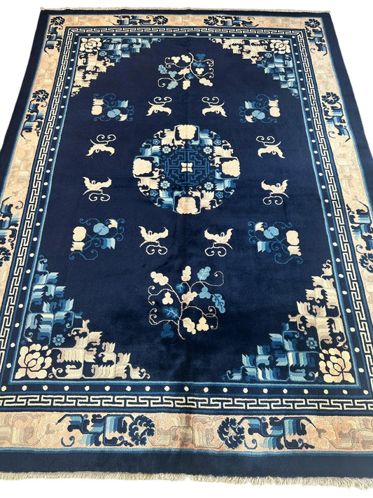 Hand-Knotted Antique Chinese Peking Wool Rug – 5’6” x 7’6” – Full Pile Navy and Cream Design Rugistan