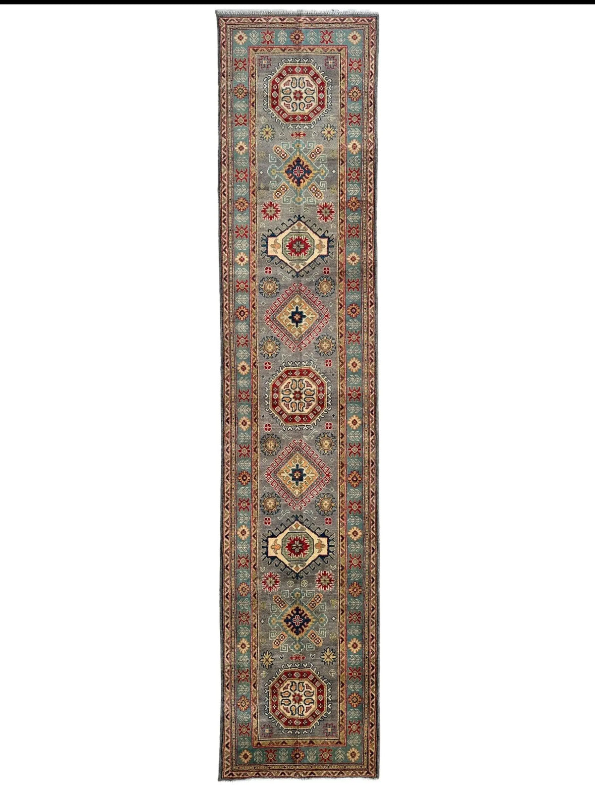Hand-Knotted Afghan Kazak Wool Runner Rug – 2'7" x 12'3" – Traditional Geometric Design Rugistan