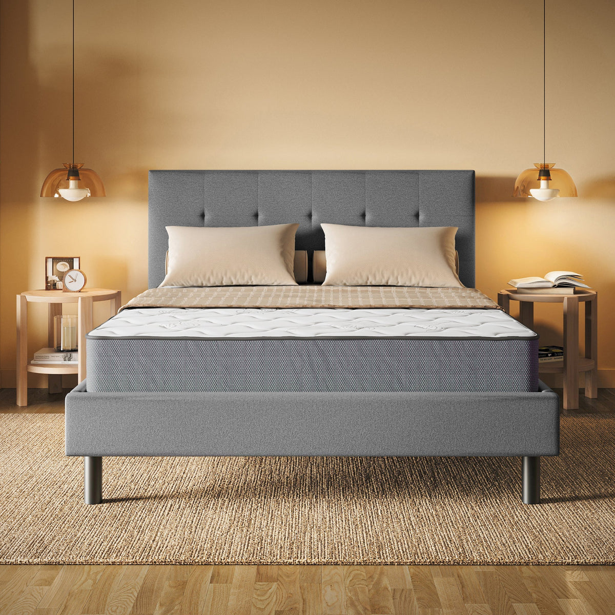 Gray upholstered bed with a mattress in a bedroom setting.