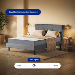Gray bed with mattress on a wooden floor in a bedroom setting