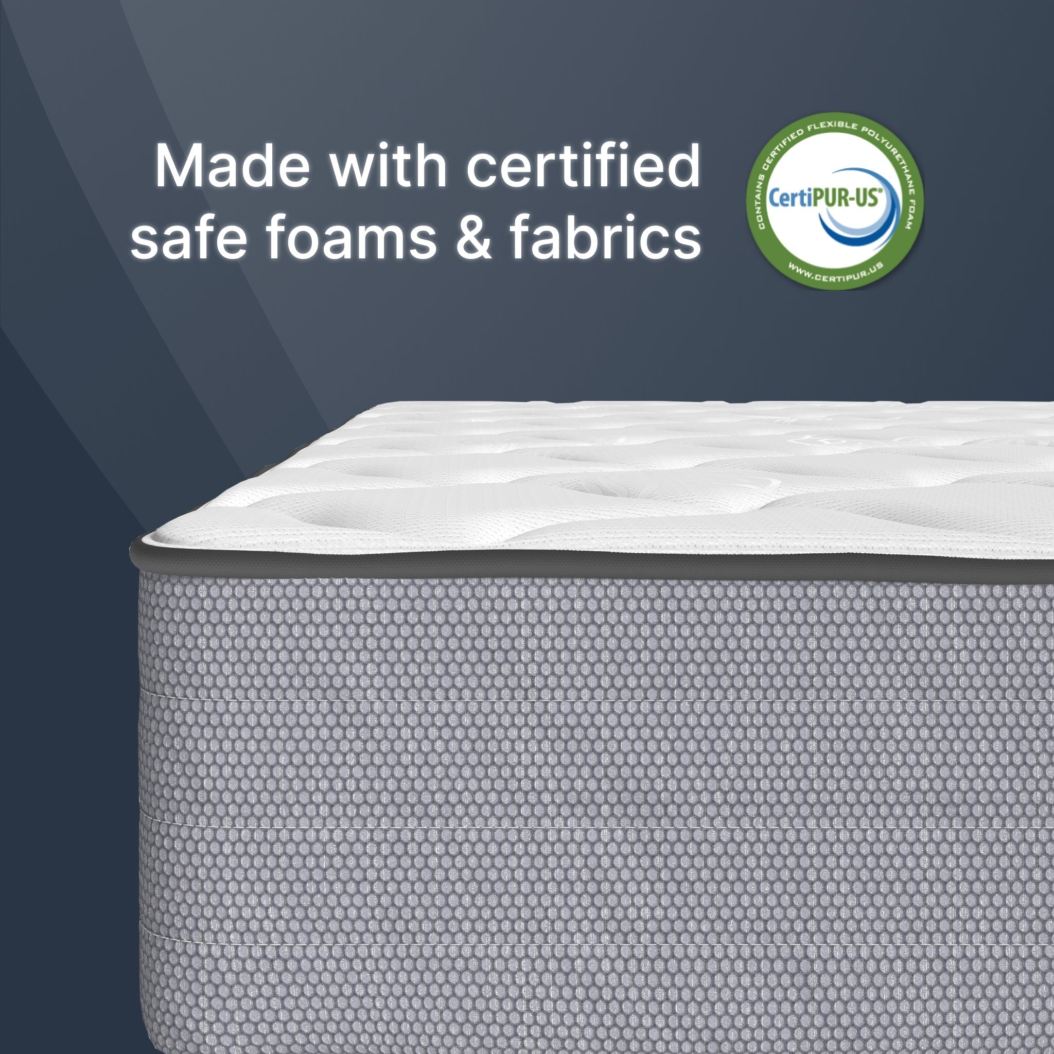 Mattress with CertiPUR-US logo on a dark blue background