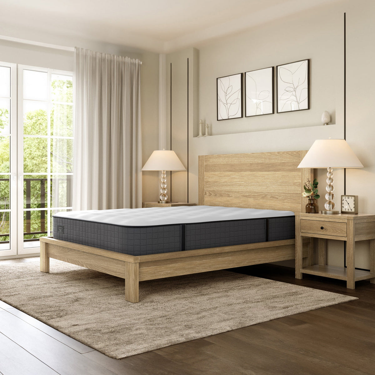 Bedroom with a wooden bed frame and mattress, side tables, and lamps.