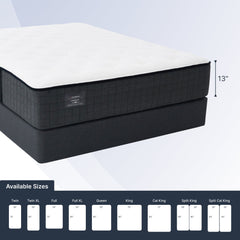 Black mattress with white top on a light gray background, featuring size chart below.
