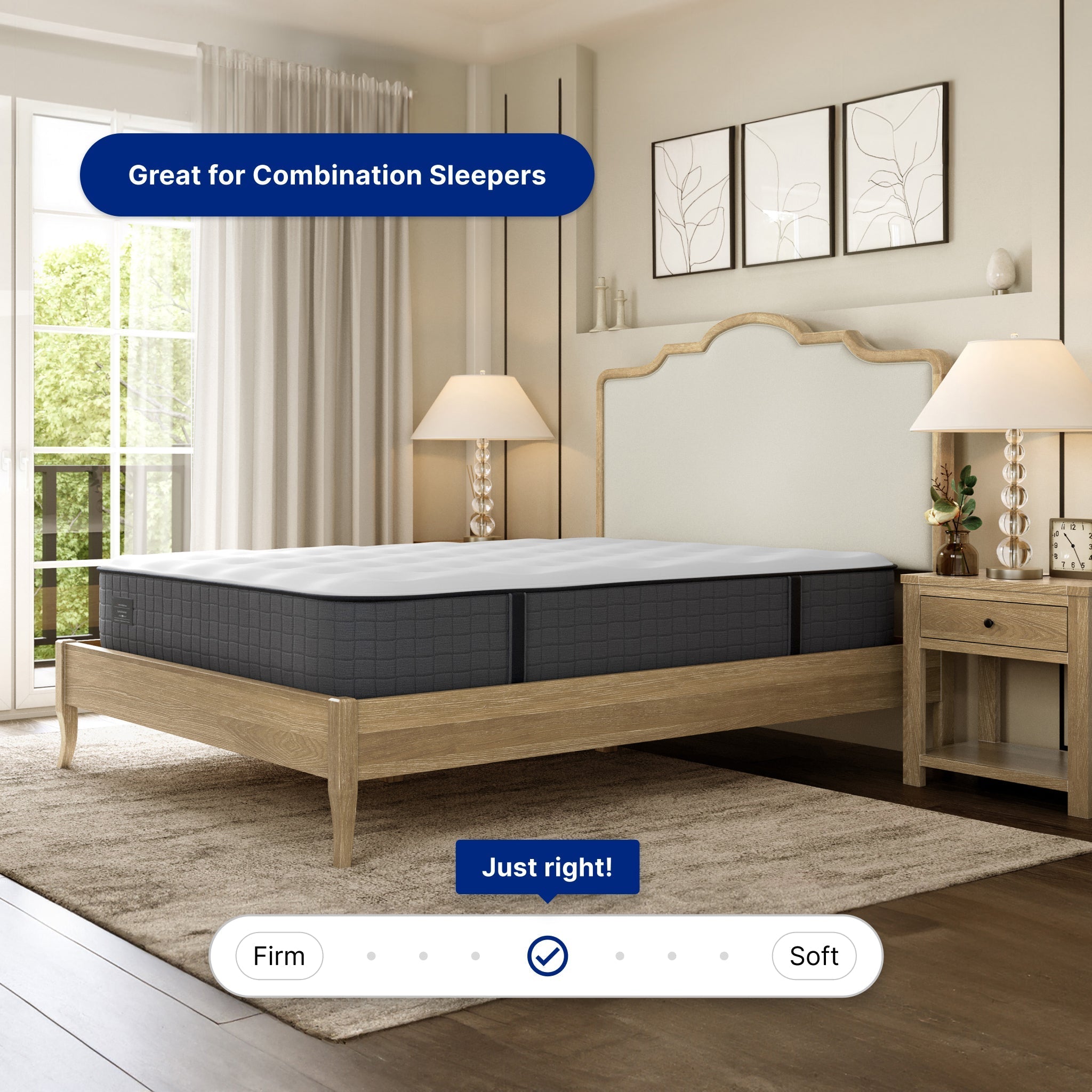 Bed with mattress on a wooden bed frame in a bedroom setting, featuring text about suitability for combination sleepers.