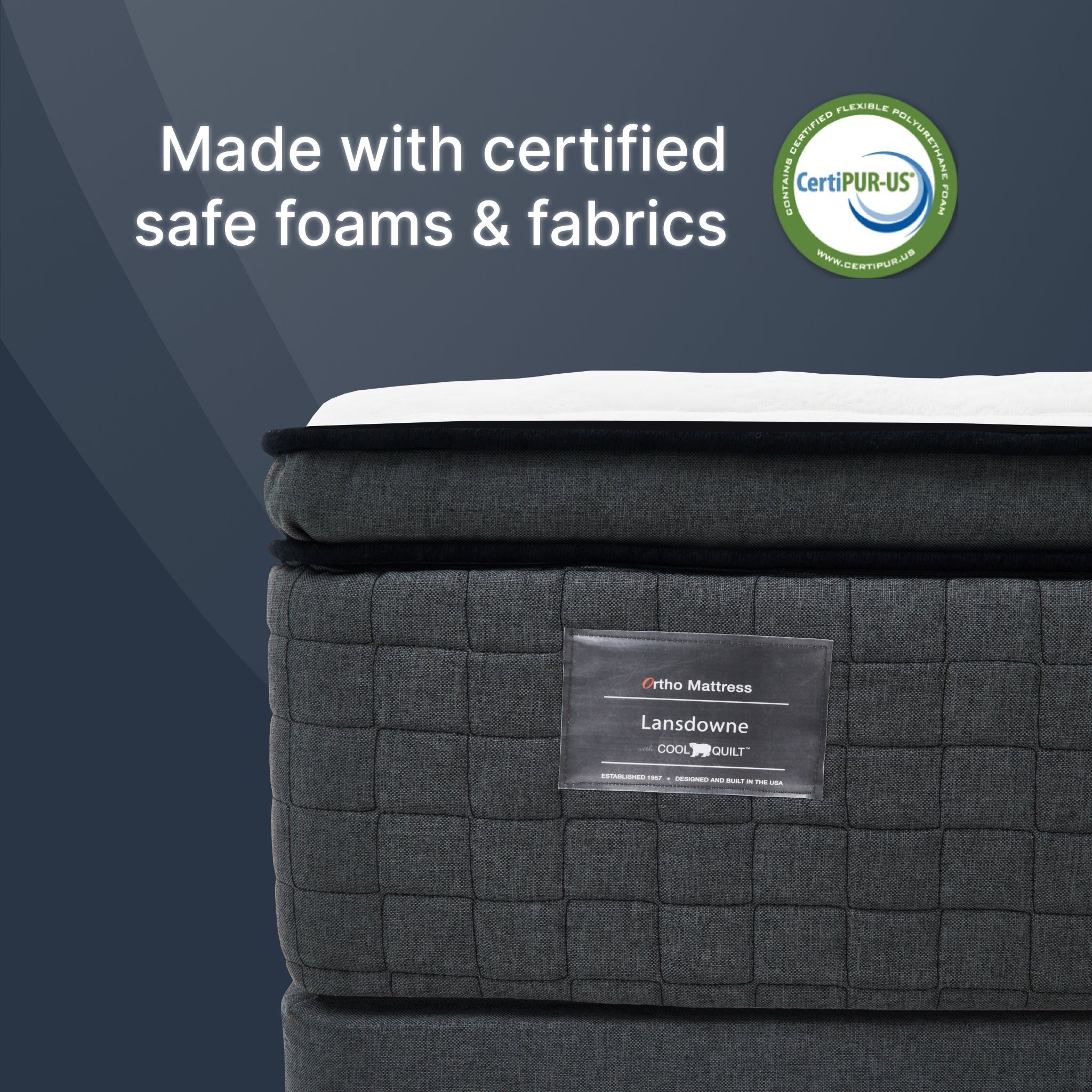 Gray mattress with CertiPUR-US logo and text on a dark blue background