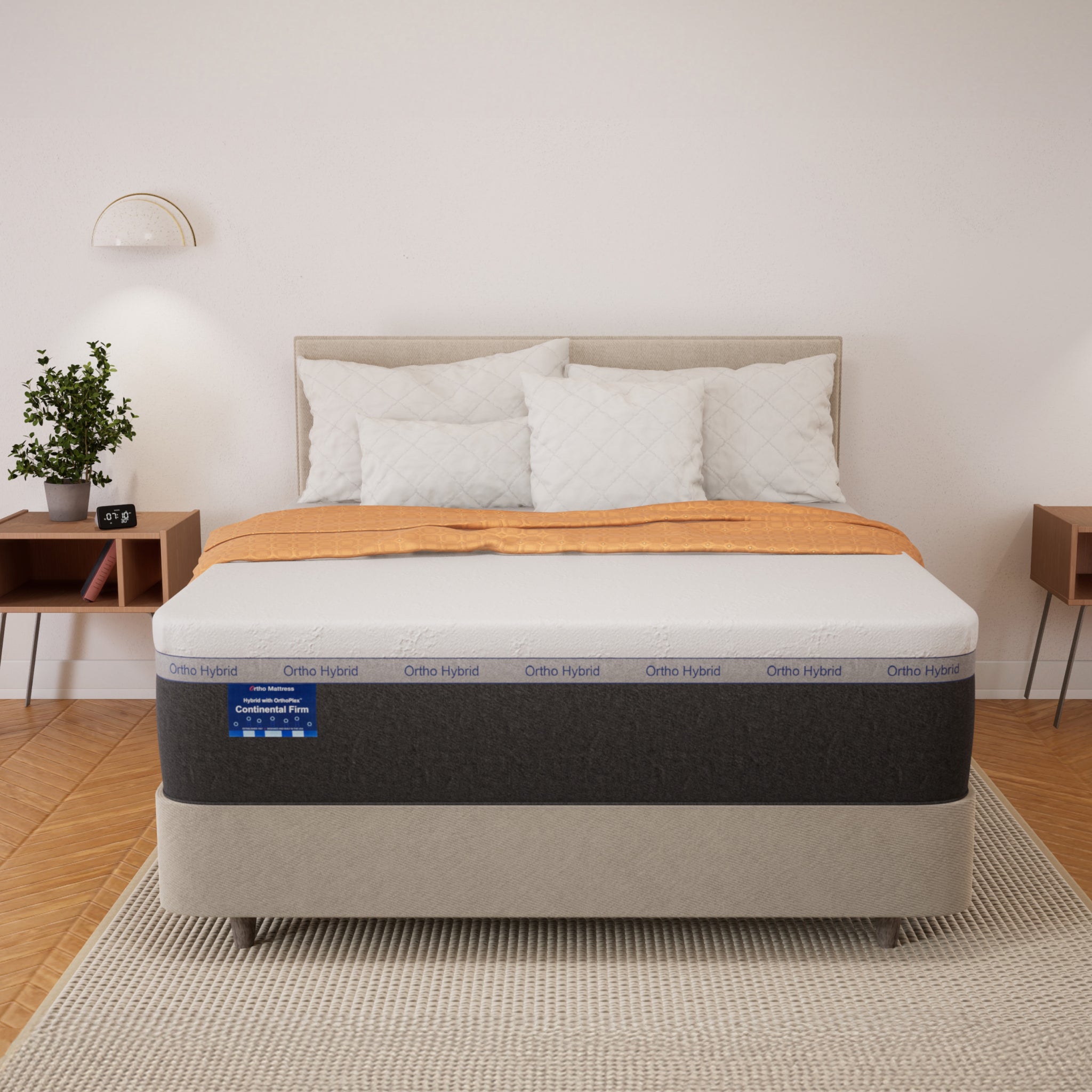 Mattress with brand label in a bedroom setting
