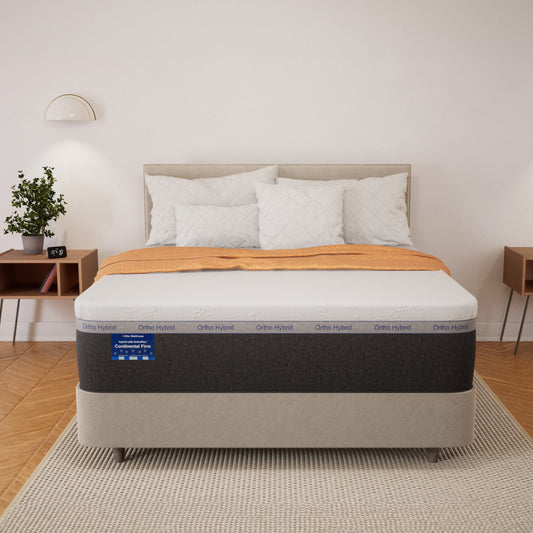 Mattress with brand label in a bedroom setting