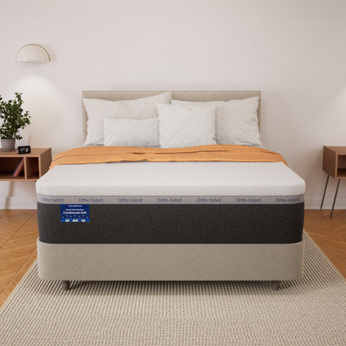 Mattress with brand logo on a bed in a bedroom setting
