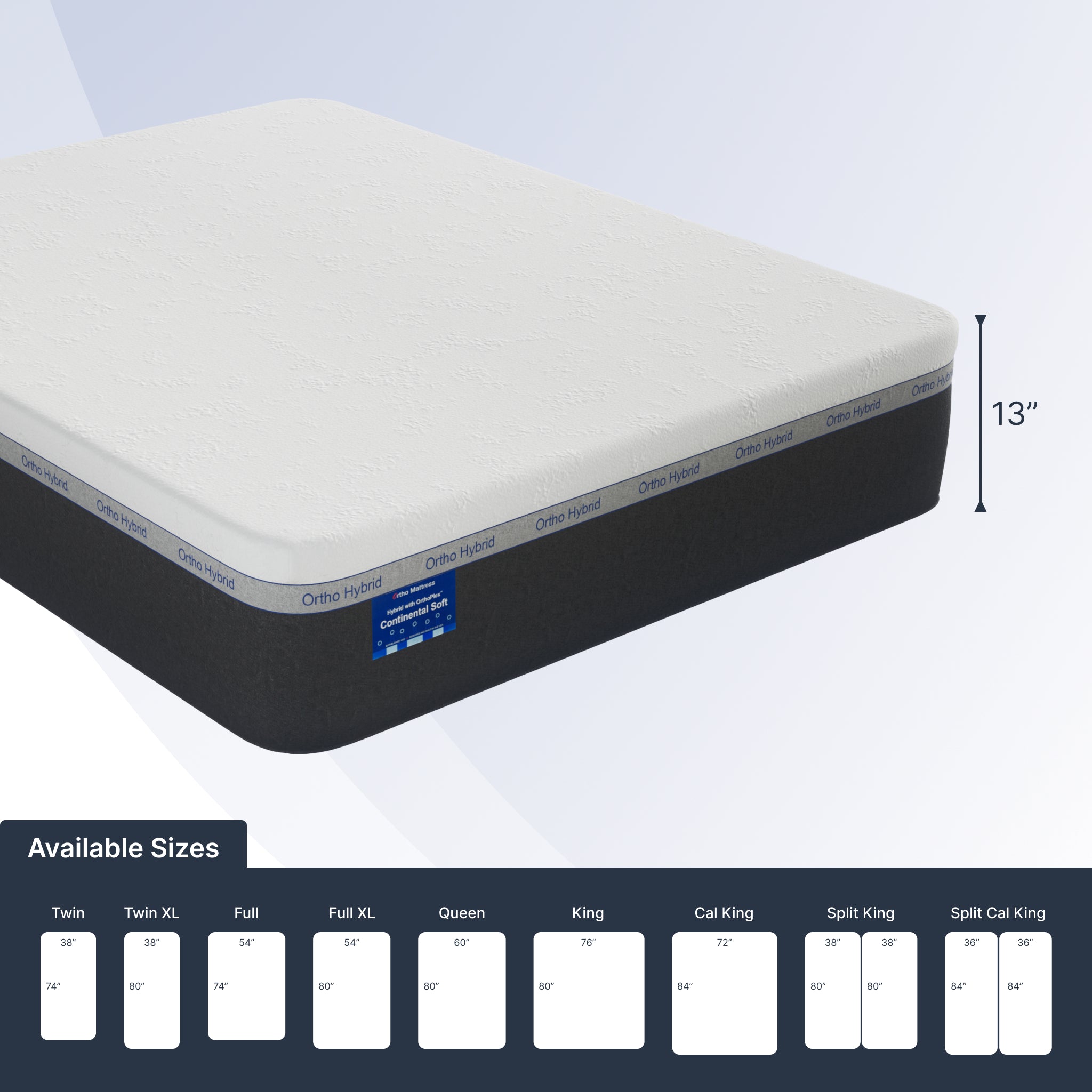 Mattress with size chart on a light blue background