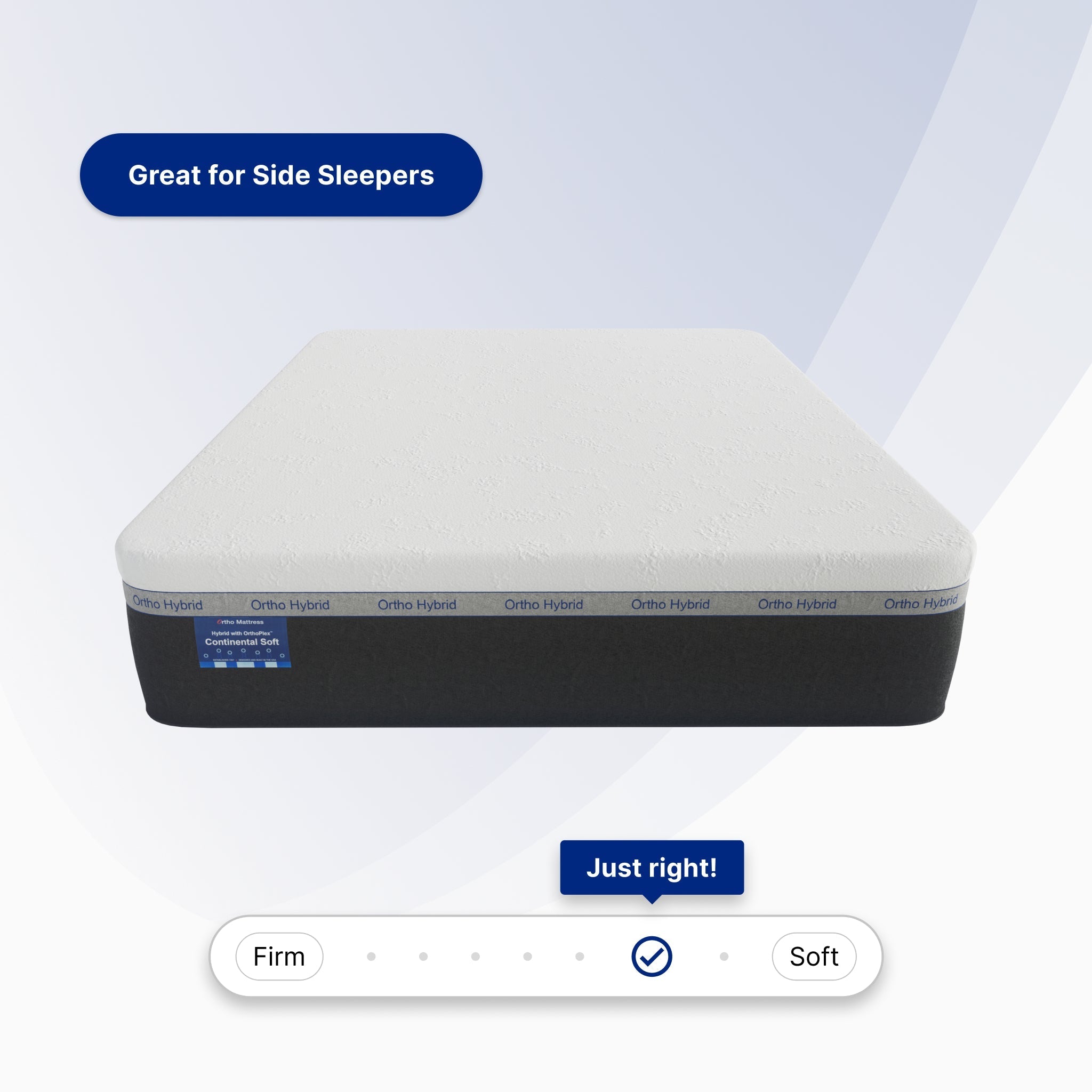 Mattress with side sleepers feature and firmness scale on a light blue background