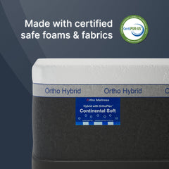 Mattress with 'Ortho Hybrid' label and CertiPUR-US logo on a dark background