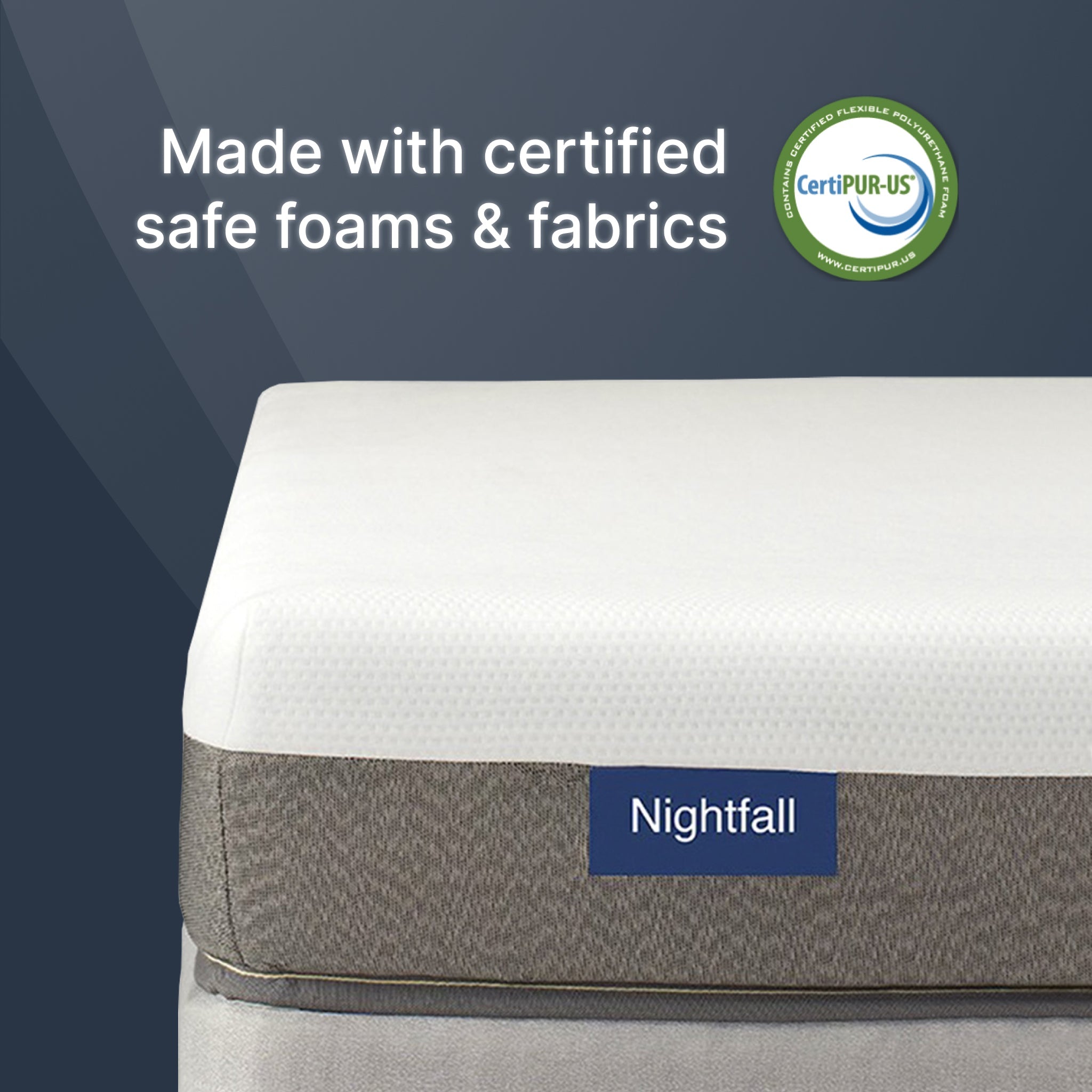 Mattress with 'Nightfall' label and CertiPUR-US certification logo on a dark blue background