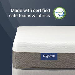 Mattress with 'Nightfall' label and CertiPUR-US certification logo on a dark blue background
