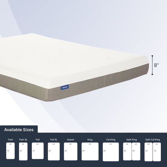 Mattress with size chart on a light gray background
