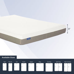 Mattress with size chart on a light gray background