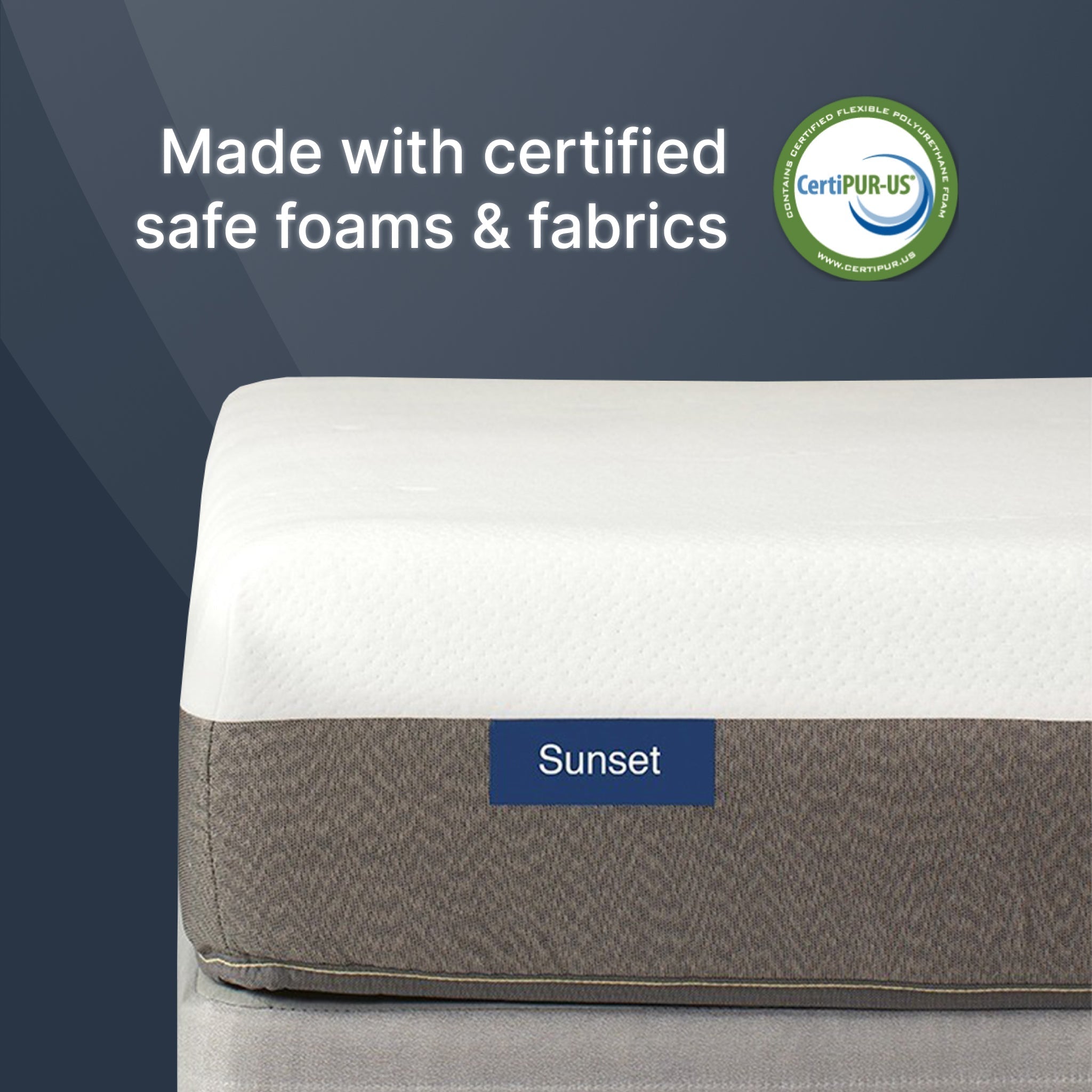 Mattress with 'Sunset' label and CertiPUR-US certification logo on a dark blue background