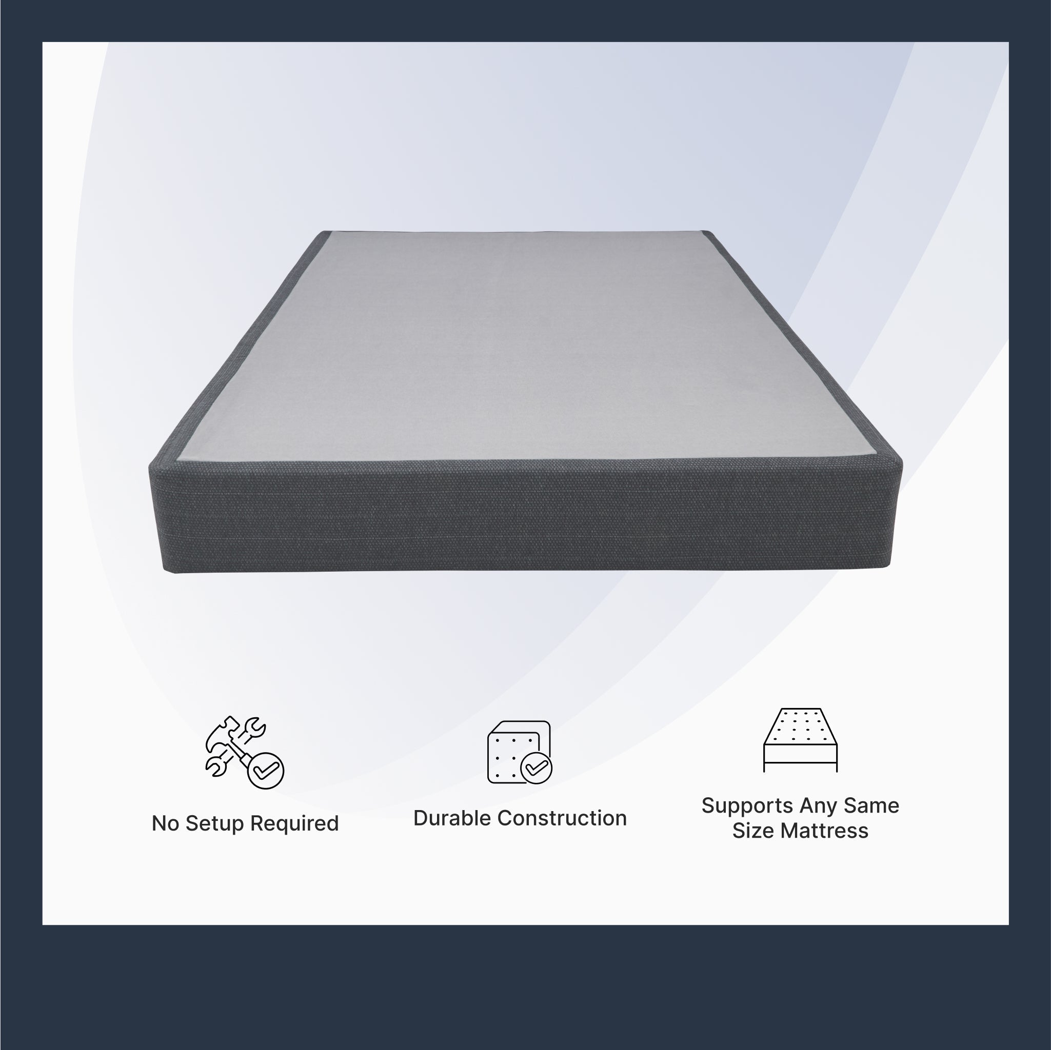 Gray mattress on a white background with text and icons indicating features.