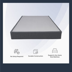 Gray mattress on a white background with text and icons indicating features.