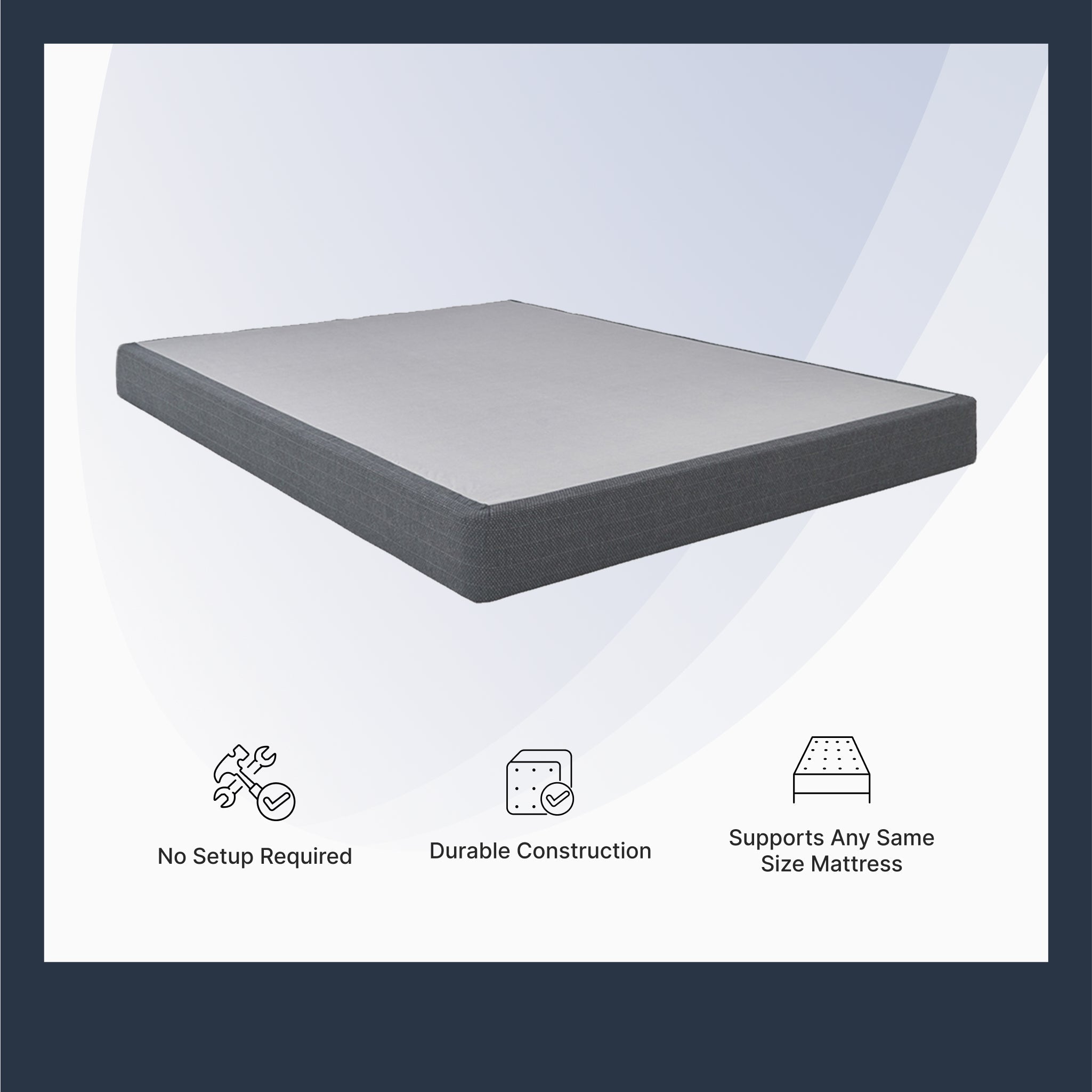 Gray mattress topper on a white background with text highlighting features.