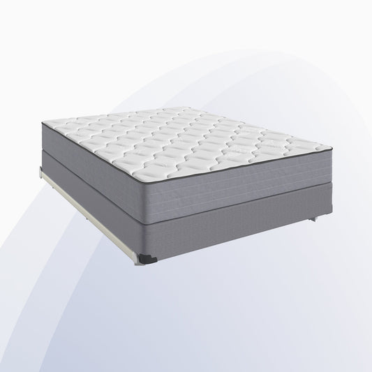 Mattress on a clear stand against a white background