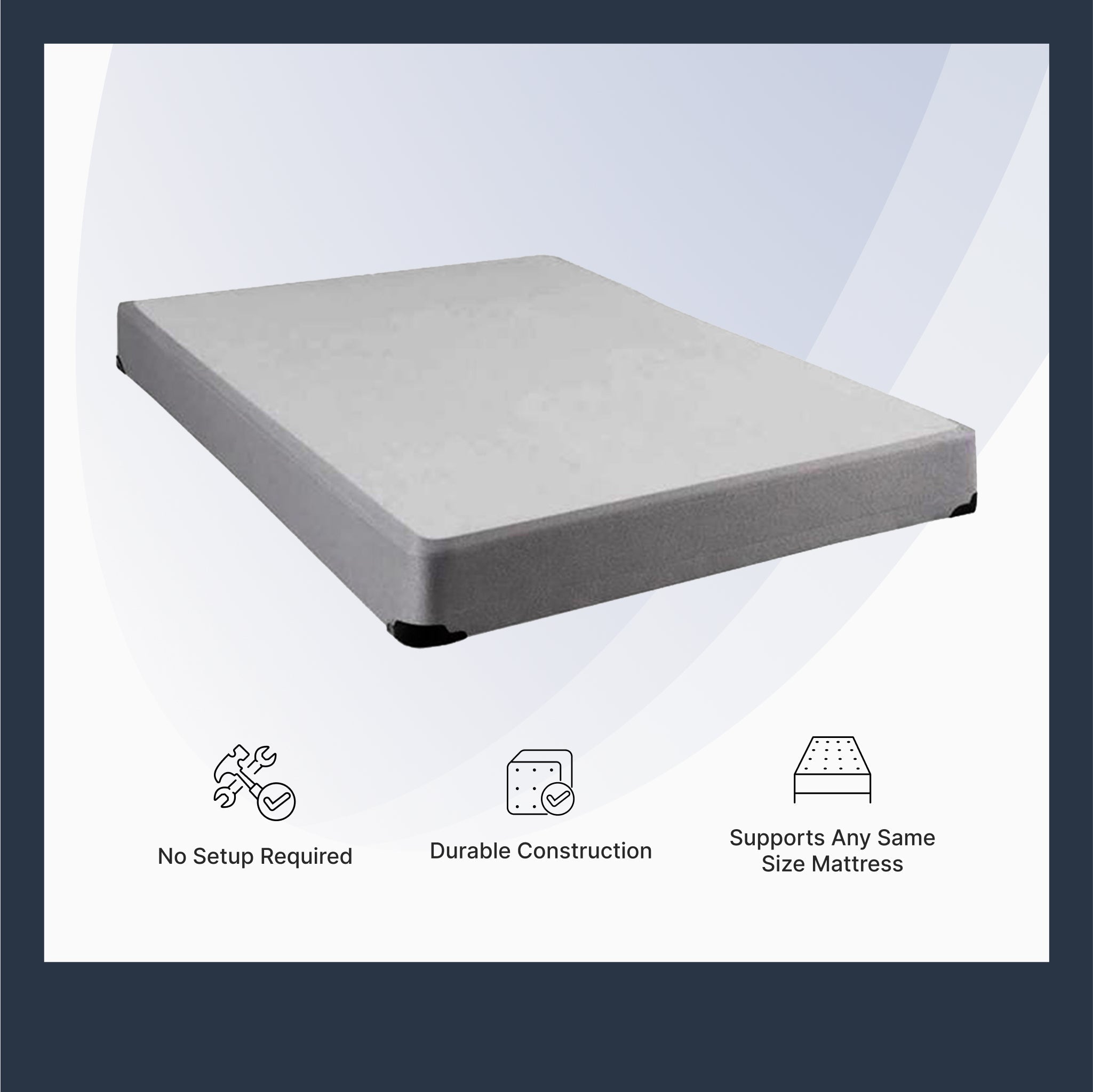 Gray mattress base on a white background with text highlighting features.