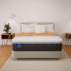 Mattress with a brand label in a bedroom setting
