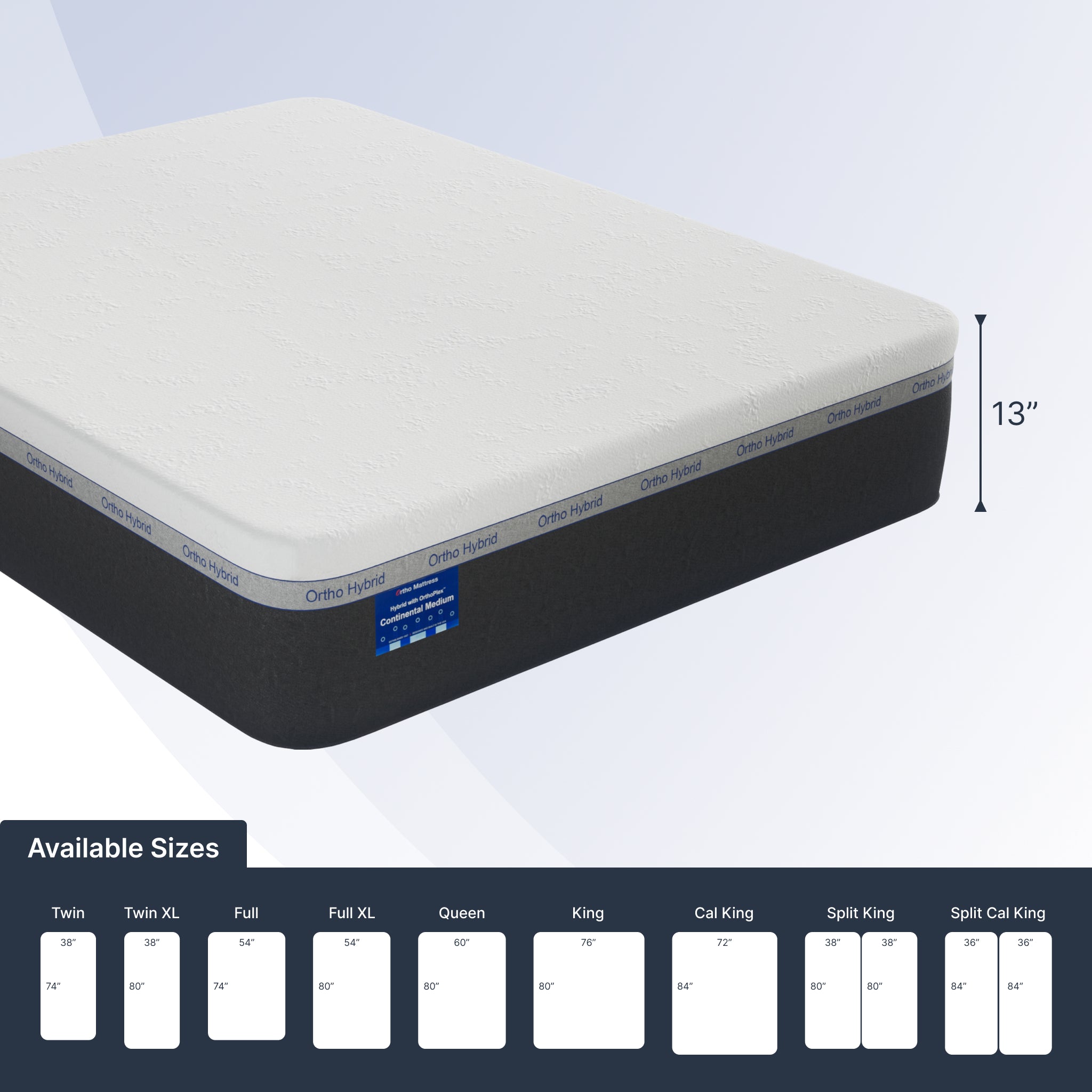 Mattress with size chart on a white background