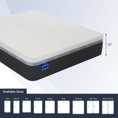 Mattress with size chart on a white background