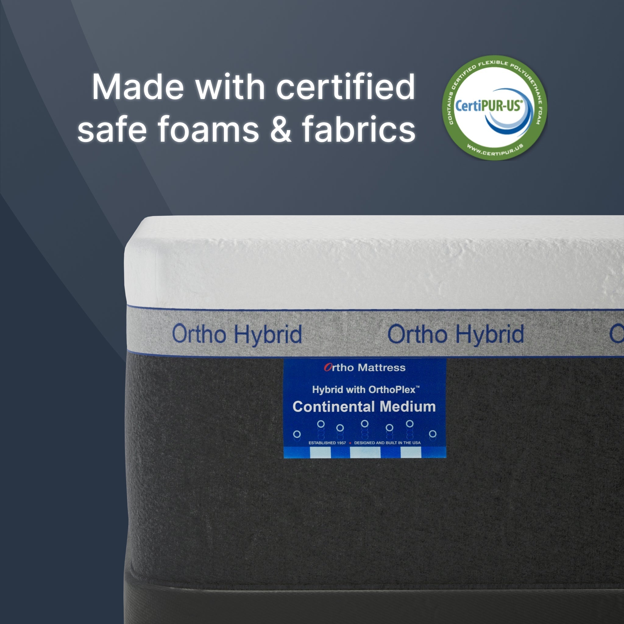 Ortho Hybrid mattress with CertiPUR-US logo on a dark background