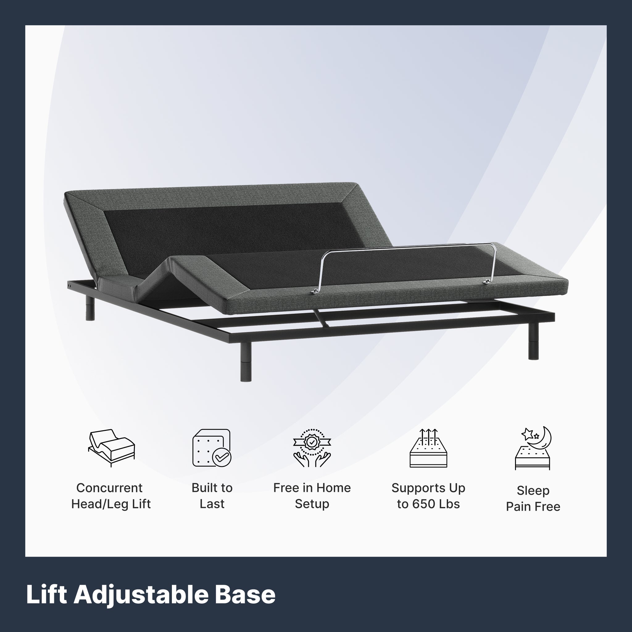 Lift adjustable base with features listed on a white background