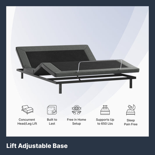 Lift adjustable base with features listed on a white background