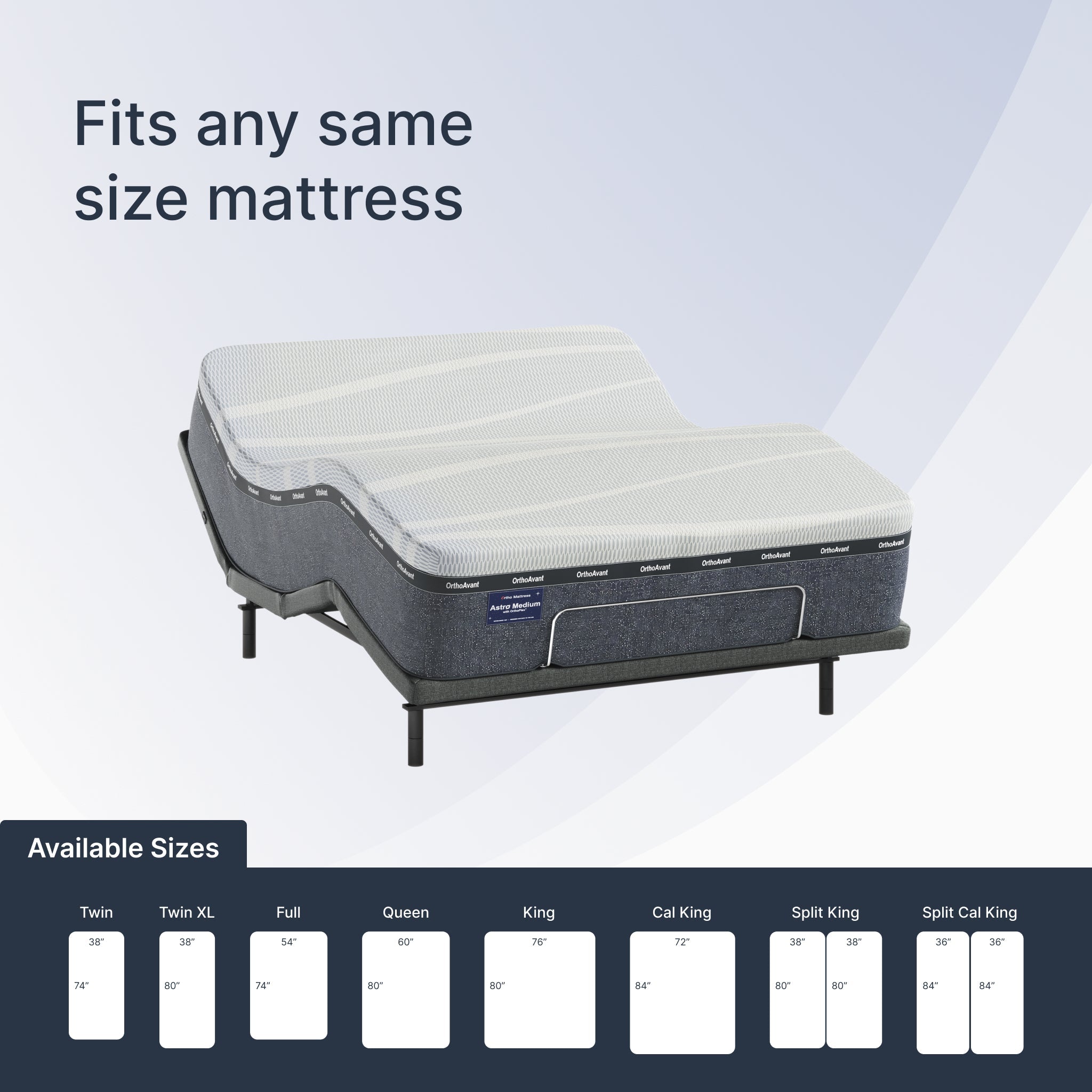 Mattress foundation with text indicating it fits any same size mattress and a chart of available sizes.