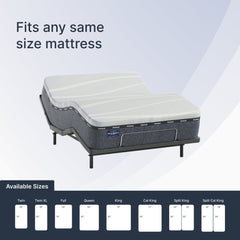 Mattress foundation with text indicating it fits any same size mattress and a chart of available sizes.