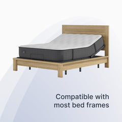Gray mattress on a wooden bed frame with text 'Compatible with most bed frames' on a white background