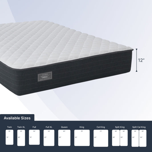 Mattress with size chart on a light blue background