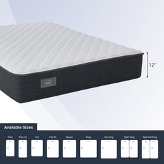 Mattress with size chart on a light blue background