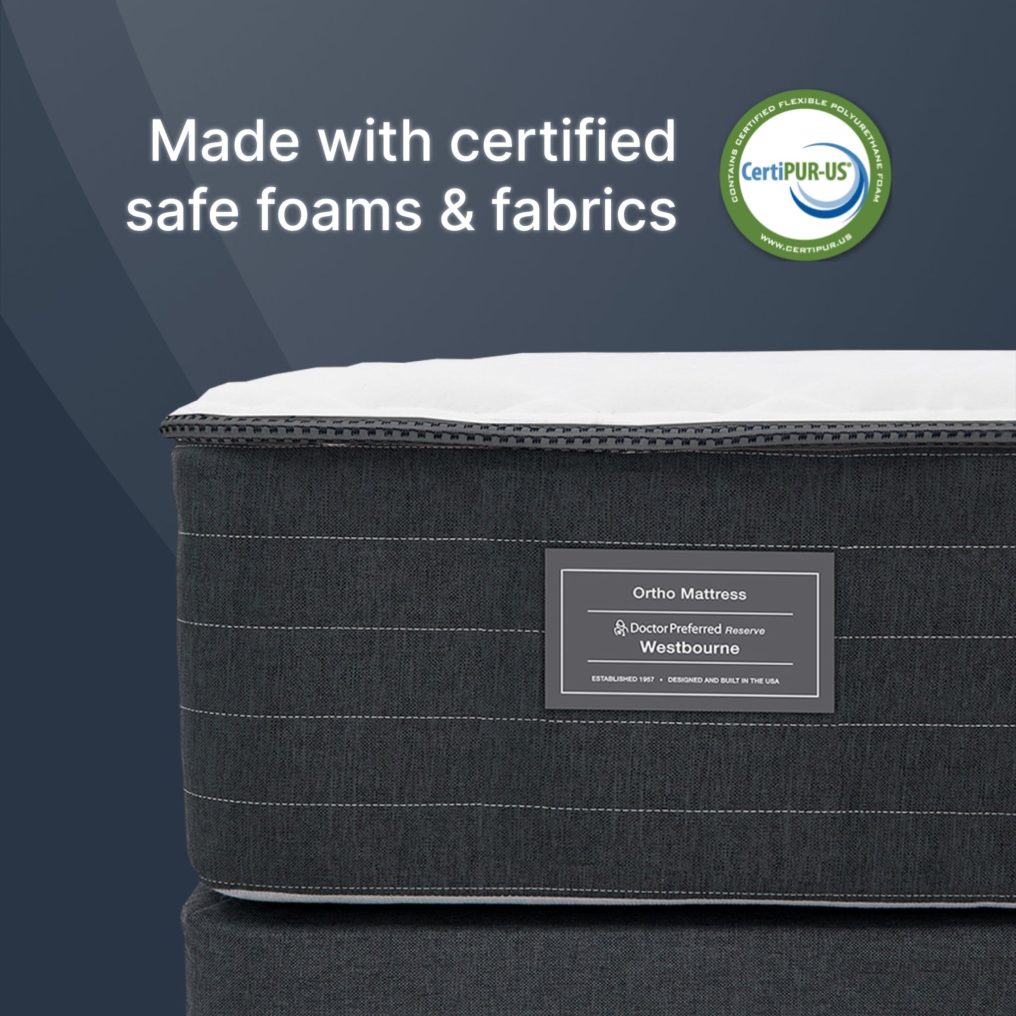 Black Ortho mattress with CertiPUR-US logo on a dark gray background