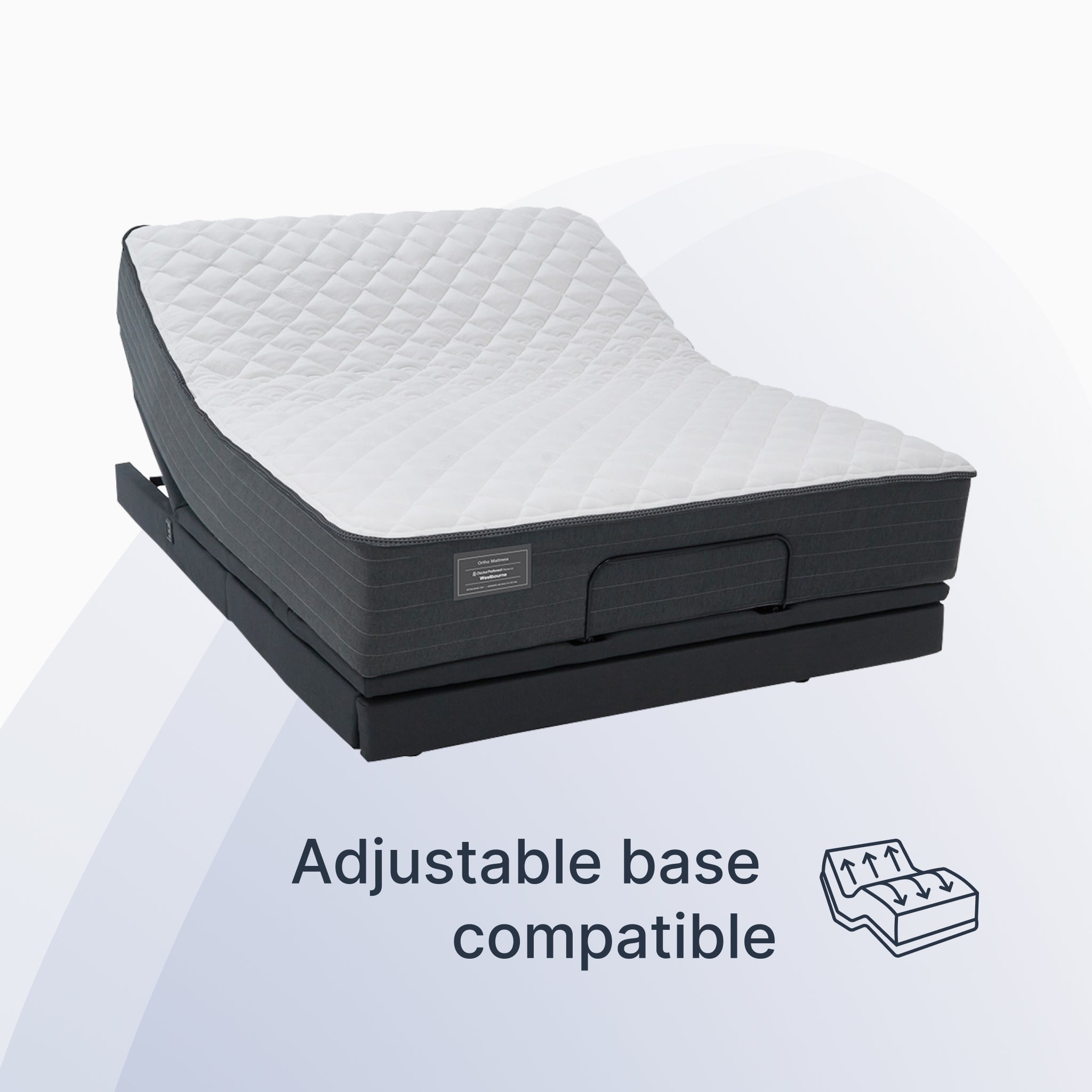 Mattress with adjustable base compatibility feature on a white background