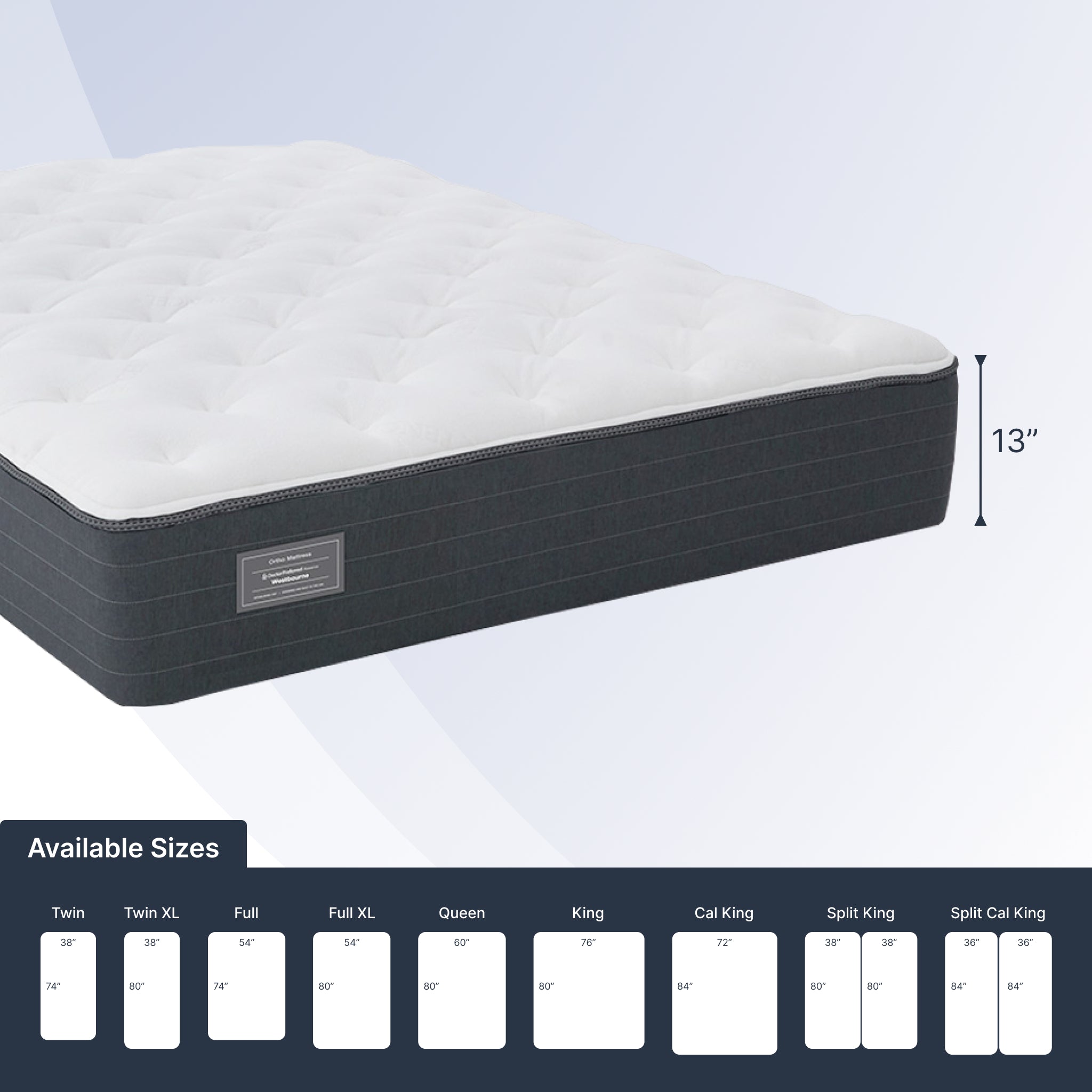 Mattress with dimensions and size chart on a white background