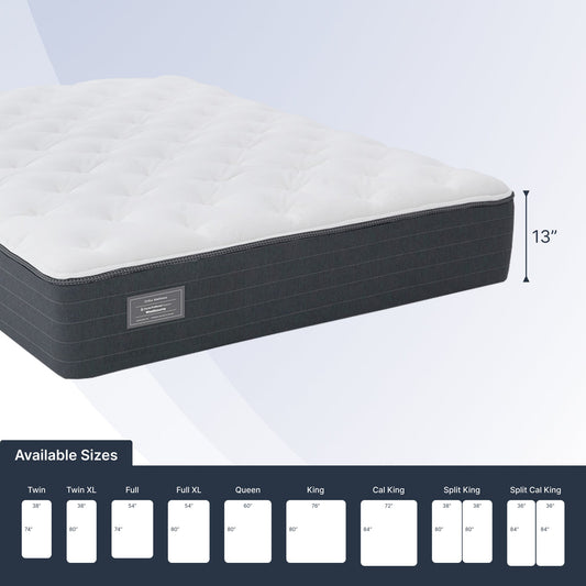 Mattress with dimensions and size chart on a white background