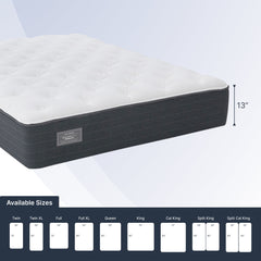 Mattress with dimensions and size chart on a white background