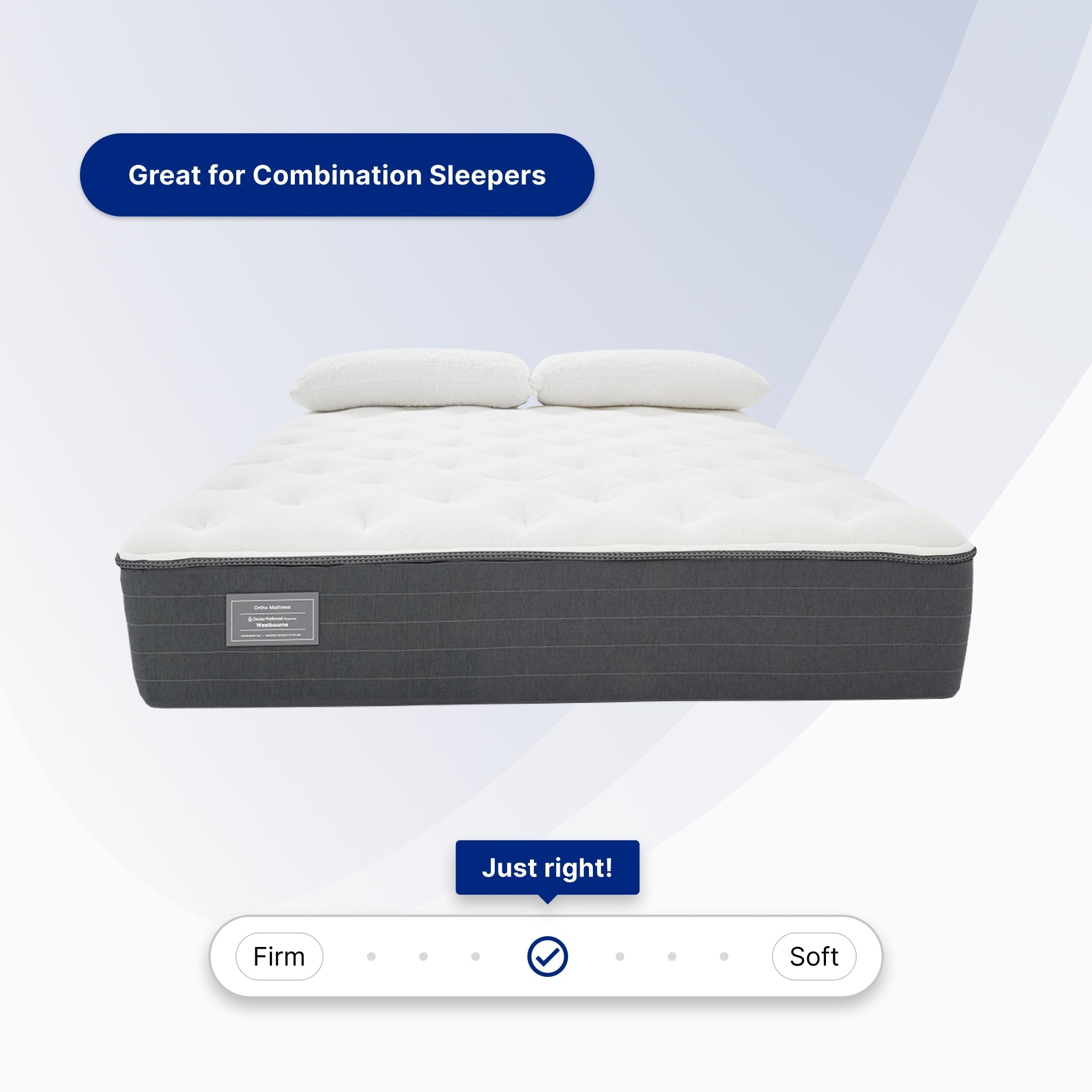 Mattress with labeled firmness options on a light gray background