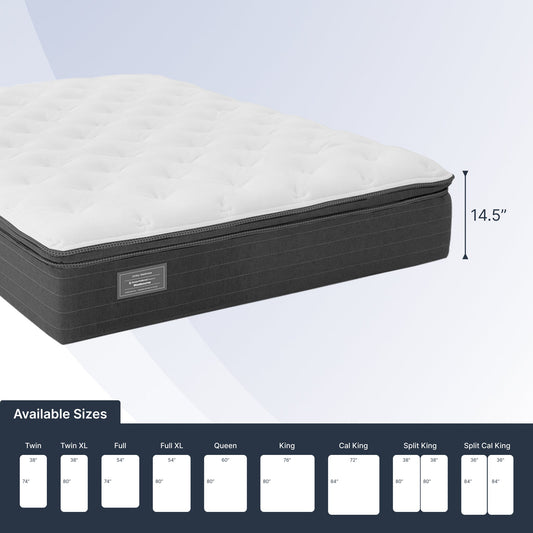 Mattress with size chart on a light gray background
